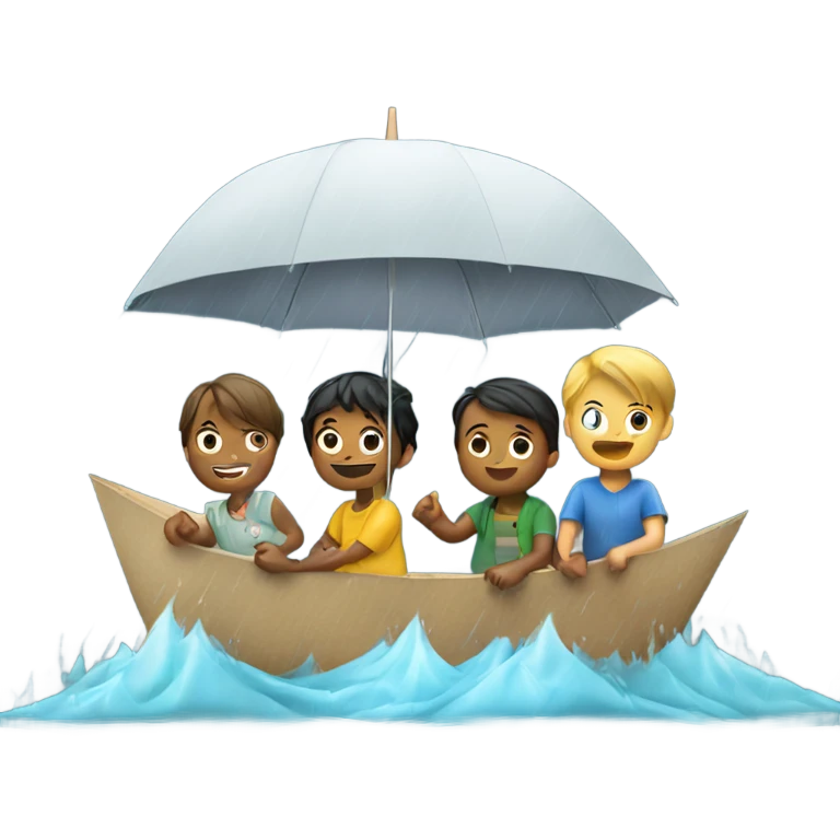 3 kids with a umbrella playing with a paper ship in the rain emoji