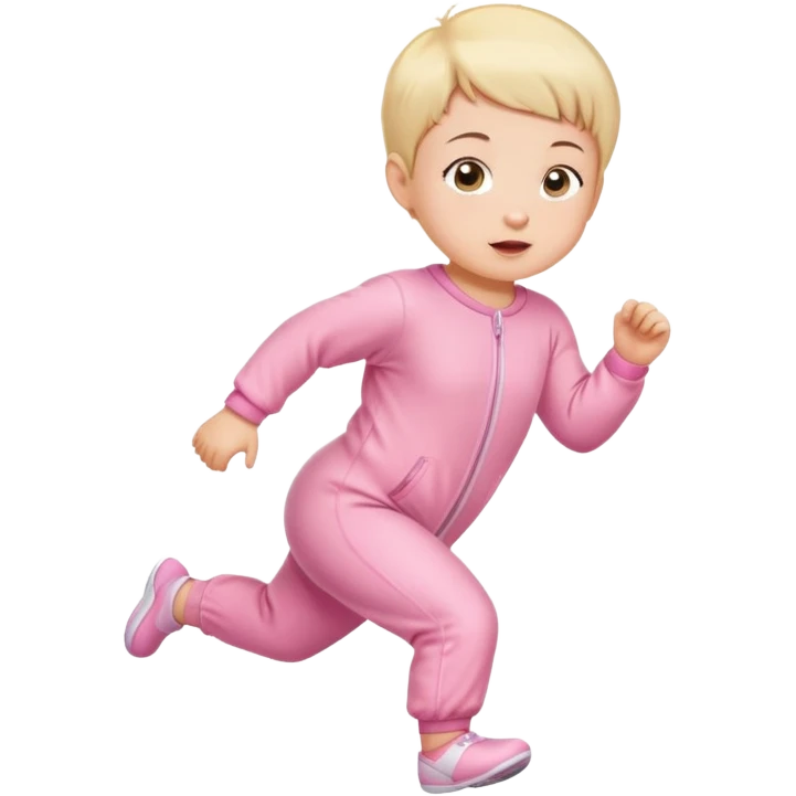 short haired infant girl running wearing pink onesie emoji