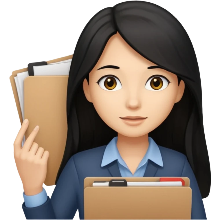 a light tan woman with long black hair past mid-back, round brown eyes and manila folder in her hands emoji
