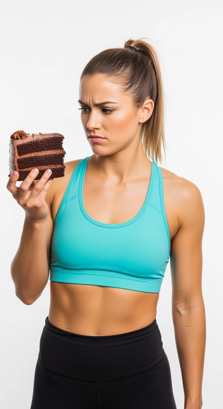 donna fitness con una fetta di torta in mano ed espressione dubbiosa, sfondo bianco emoji