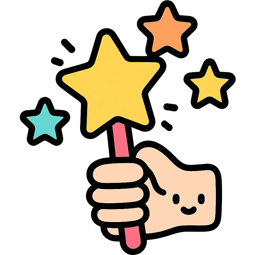 cute magic wand in hand with stars, kawaii influence, colorful icon style emoji