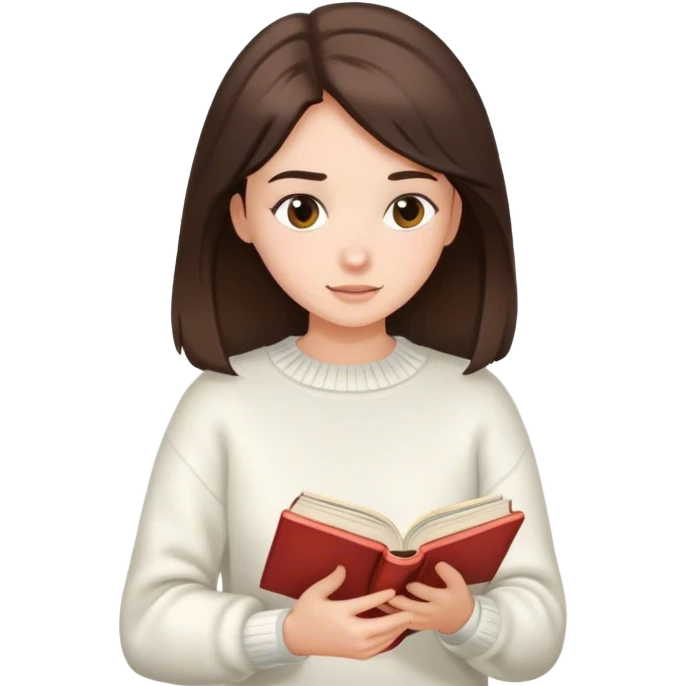brunette girl in a white sweater reading a book in her hands emoji