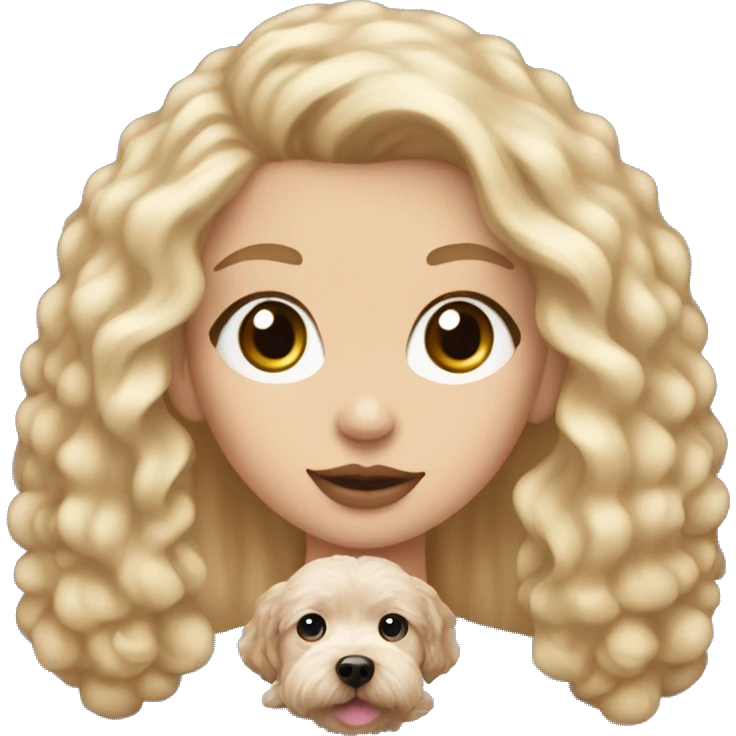 Blonde girl with long straight hair with blue eyes with pink lips holding a brown maltipoo emoji
