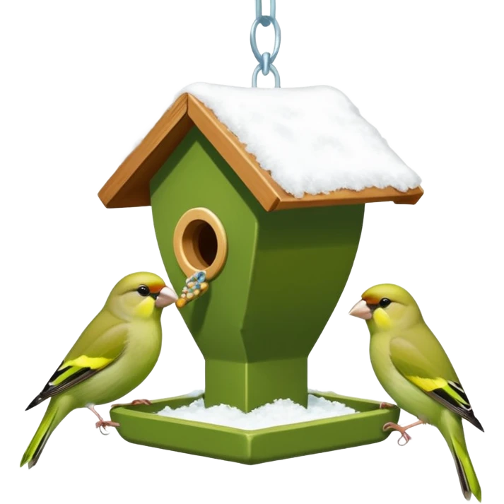 3 Green finch feeding on a bird feeder in the snow emoji