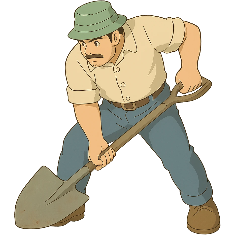 ghibli style man digging with a shovel emoji
