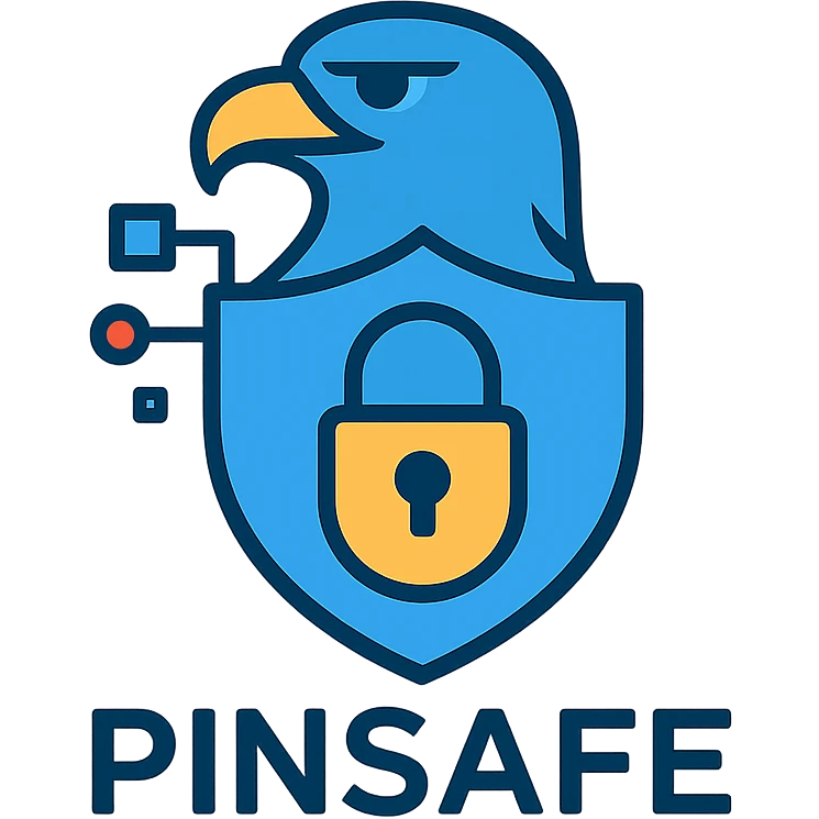abstract professional eagle logo for digital security agency Pinsafe, stylized with geometric digital motifs, incorporating shield and lock elements, modern trustworthy color palette, evoking cybersecurity national protection professionalism emoji