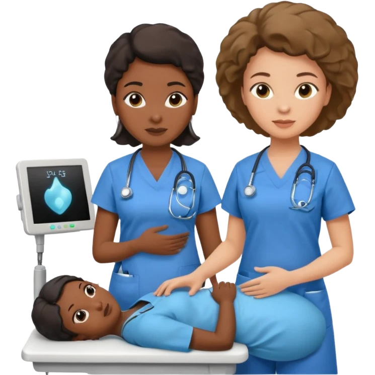 black female doctor and caucasian ultrasound technician without white coat performing a fetal ultrasound  emoji