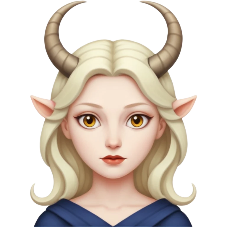Woman with subtle horns, smooth skin and sharp gaze, divine corruption emoji