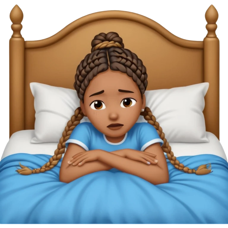 Black woman with braids in a big king size bed on one side by herself crying emoji