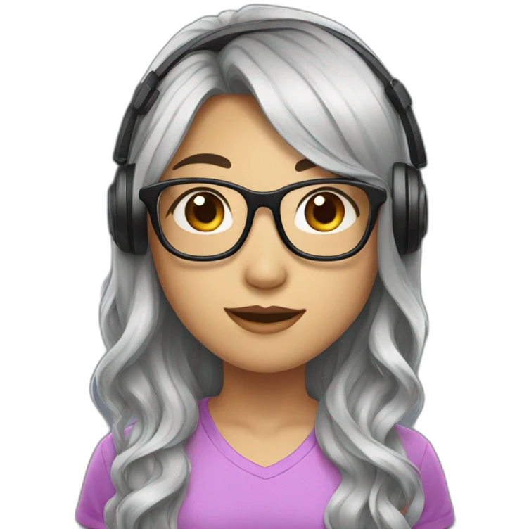 Asian girl with gamer headset and glasses and long wavy black hair emoji