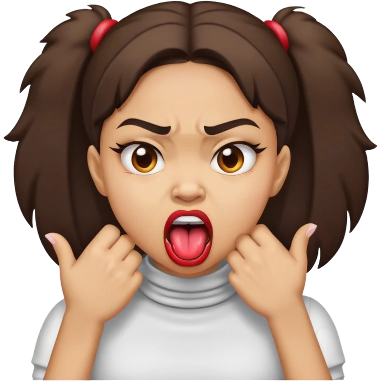 a lightskin girl holding her hands on her throat with her tongue out and angry face emoji