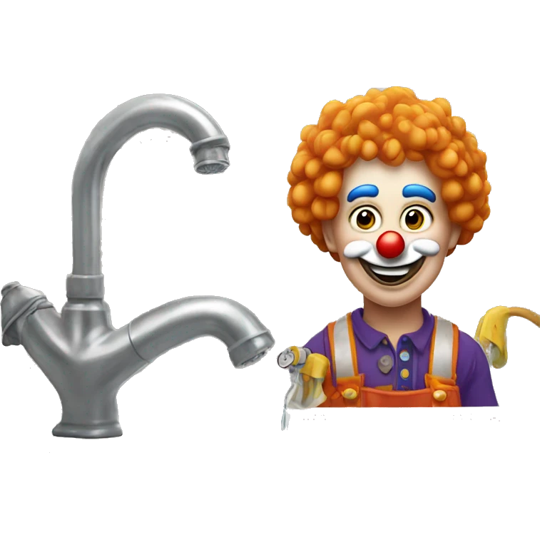 clown face emoji as a plumber fixing crooked pipe under the sink emoji