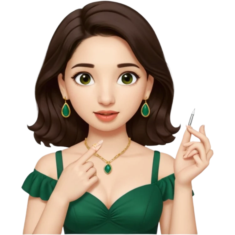 pretty bratz genmoji that looks like tamannah bhatia (bollywood actress), wearing a dark green sweetheart neckline top, dark brown hair, light makeup, no necklace, dangly earrings, side hair part, fair. dark brown eyes


Show her licking her finger  emoji