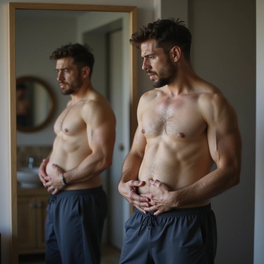 30-year-old man in sportswear looking at himself in the mirror with a frustrated expression, touching his belly, domestic environment, hyperrealistic details, 4K resolution emoji
