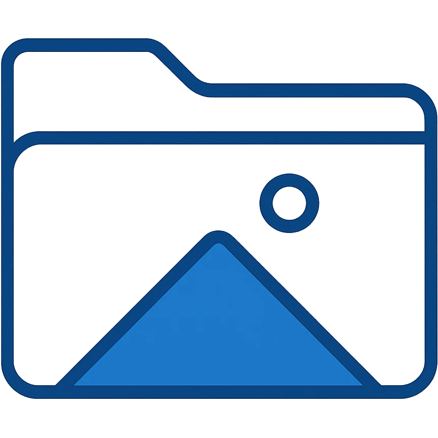 Create a flat color clip art style folder icon with a minimal design. Use three blue shades from the palette. The folder should have a simple mountain and sun or circle detail on it. No text. Match the style of the previous blue folder icons shown in the references. emoji