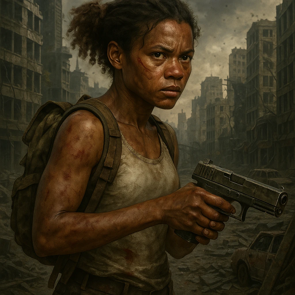 Add a city ruins background behind the African American masculine girl in zombie apocalypse style. She has a scar, wears a white tank top, a backpack, and carries a gun. Preserve all character details. The style should reflect a zombie apocalypse atmosphere. emoji