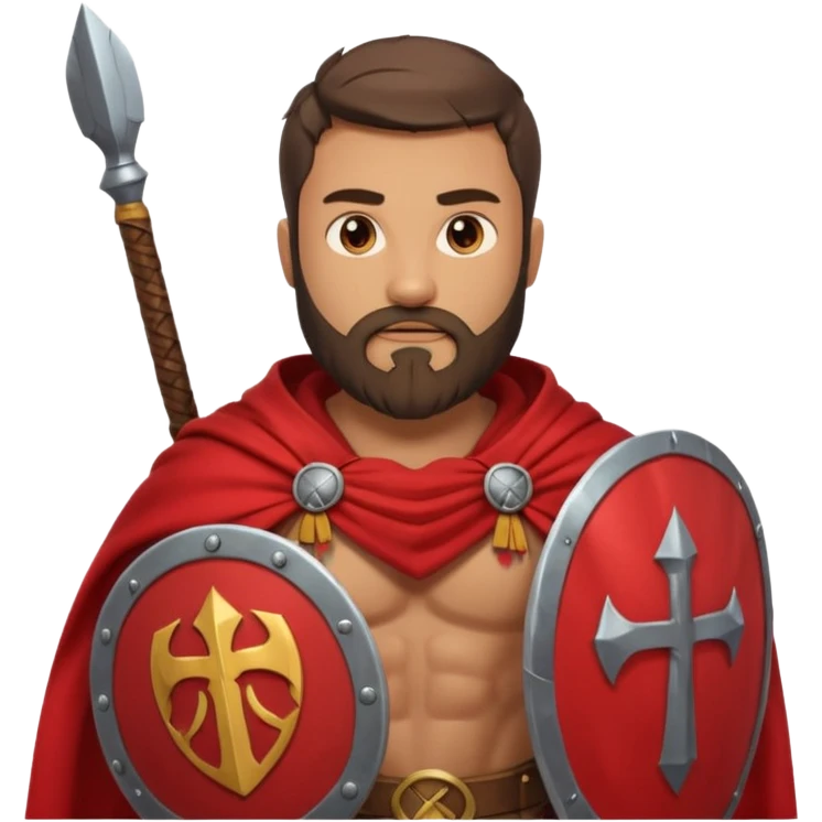 An emoji portrait of a Spartan warrior. He has a determined expression and a beard. He wears a red cloak and holds a shield with a lambda symbol. emoji