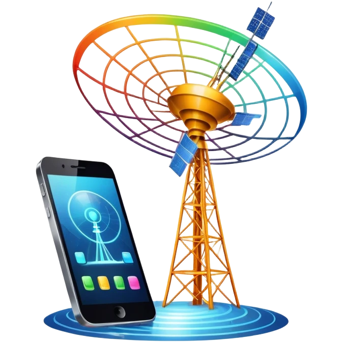 An icon featuring a satellite dish, a cell tower emitting signals, and a smartphone displaying a chat interface. The design includes fiber-optic cables and data waves, symbolizing global communication, connectivity, and information exchange. Transparent background. emoji