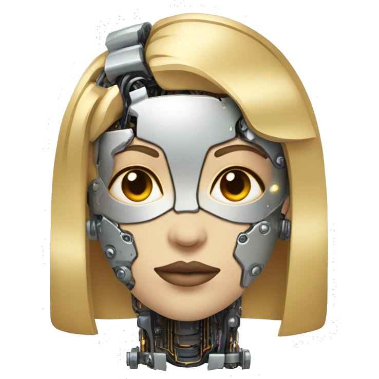 female cyborg head with metallic plated face, blonde bobbed hair and circuitry emoji