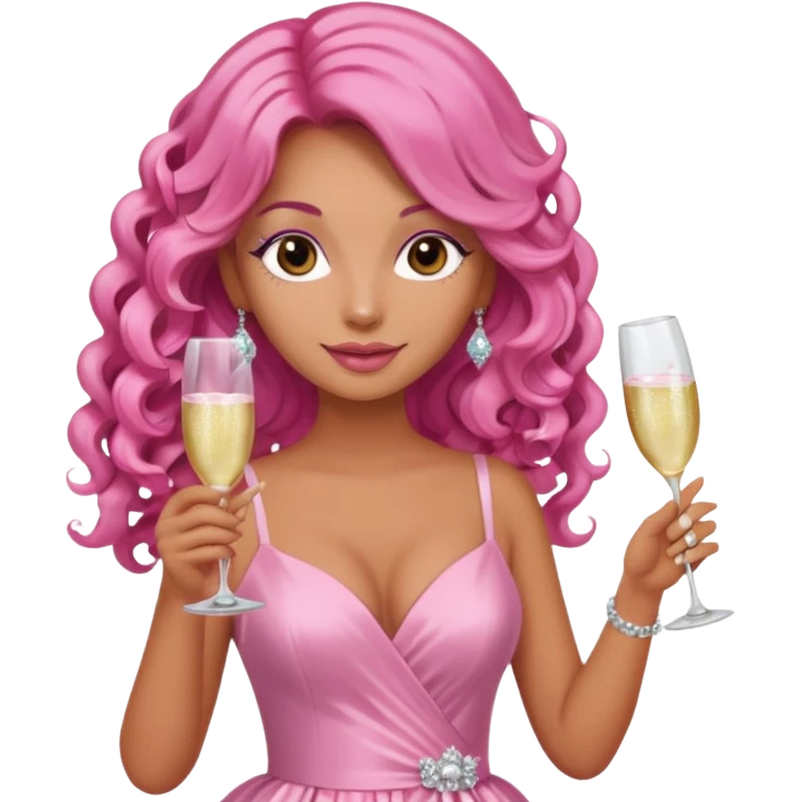 One lady with long pink curled hair and tan skin holding two pink champagne glasses emoji