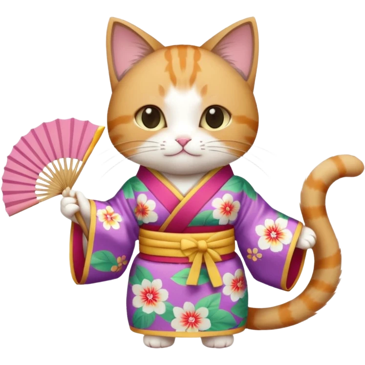 A cat in kimono-style outfit, opening a floral fan with gentle poise. emoji