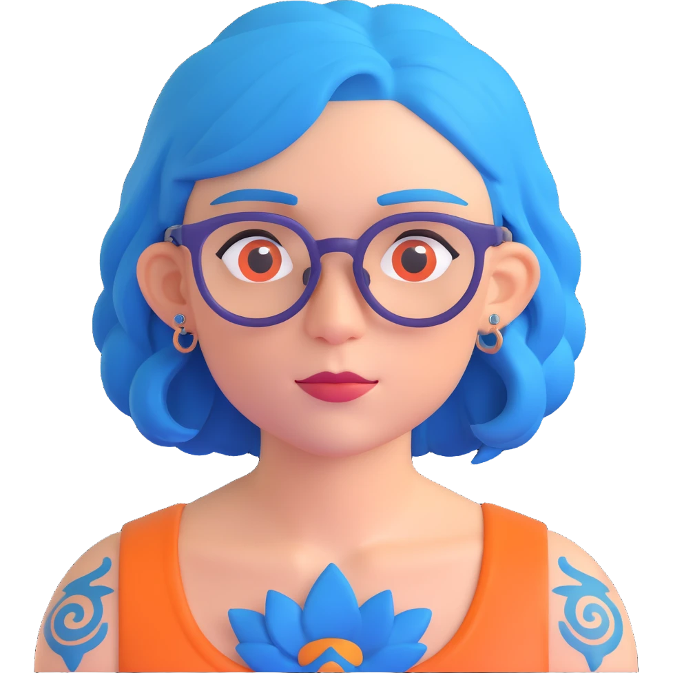 person with blue hair, glasses, and a tattoo emoji