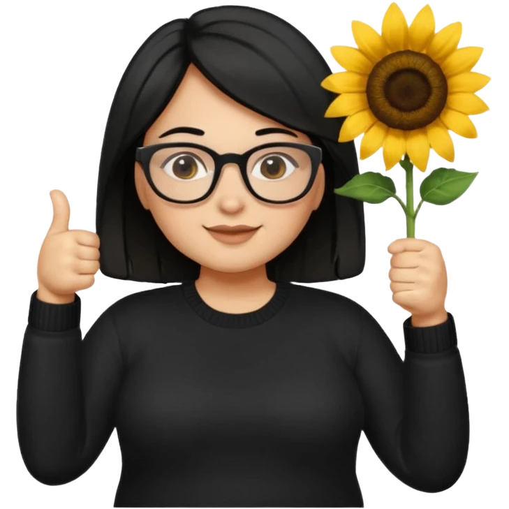 Make my biology teacher shes light brown, wears glasses, female, fat, all black sweater down and sunflower shirt under and make her give 1 thumbs up and she has black hair and chubby emoji