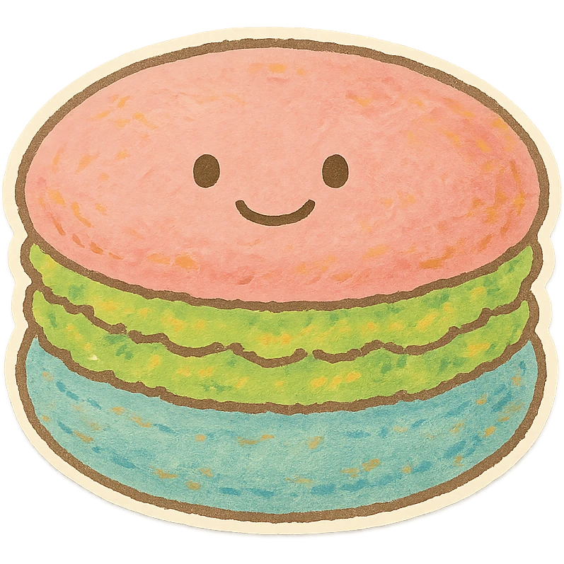 colorful macaron, Japanese pastel hand-drawn sticker style, full object, transparent background, with a gentle smile emoji