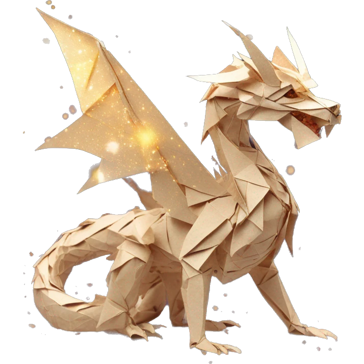 Sparkling patterned Beige Origami dragon with made of newspapers intricate patterns surrounded by fairy lights nebula galaxy stars swirls iridescent on fire covered in dried flowers emoji