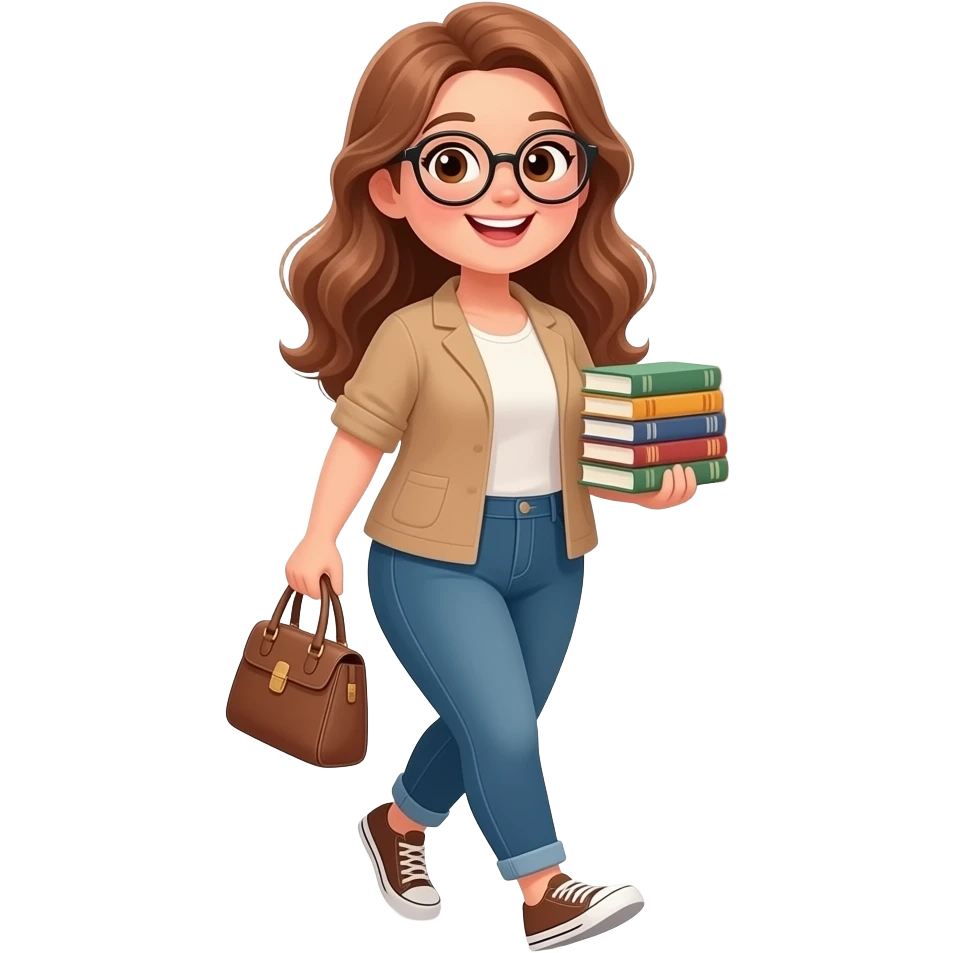 detailed emoji illustration of a curvy woman with long light brown wavy hair, light brown eyes and round glasses walking out of a bookstore with a handbag and books, happy book lover vibe, cute emoji style emoji