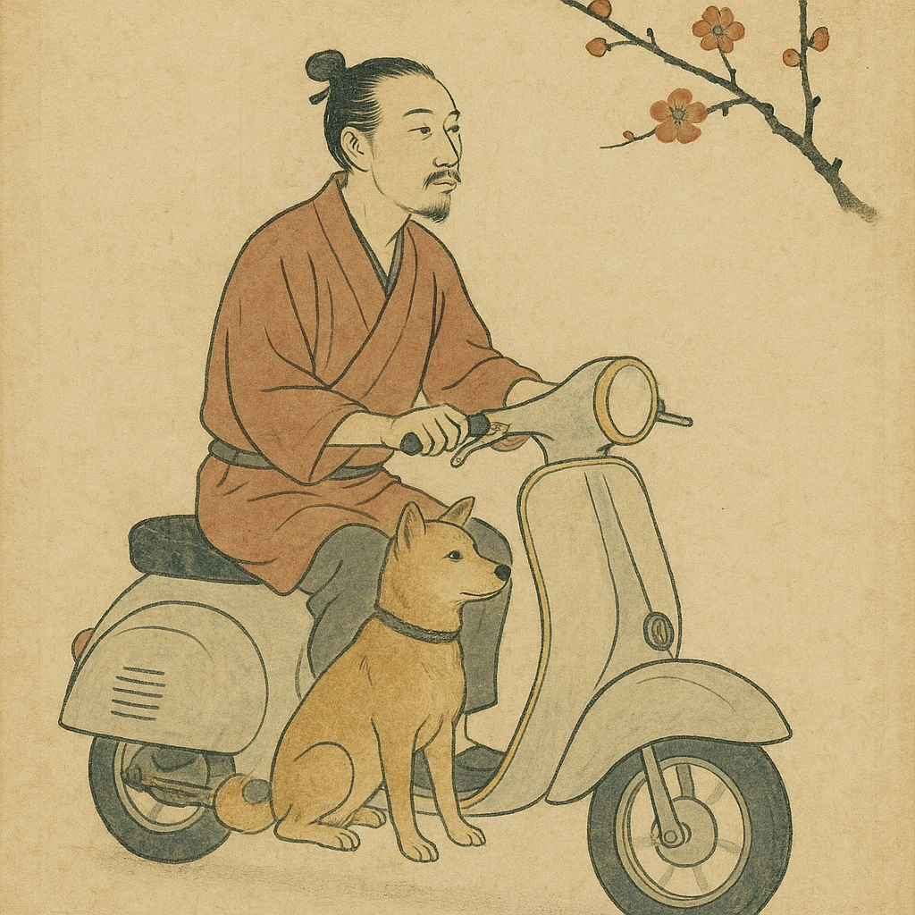 man and his pet dog riding a vespa emoji