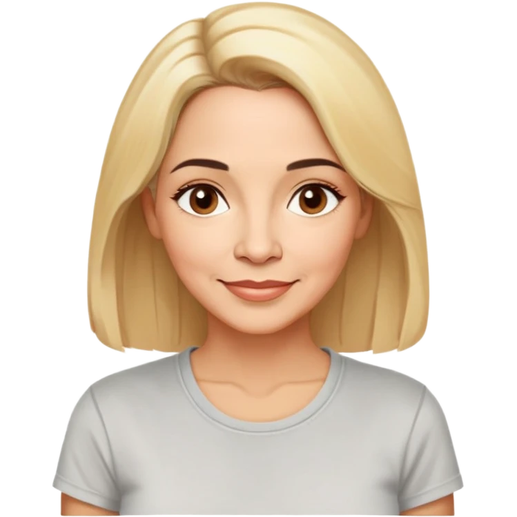 Puerto Rican actress Linette Torres in her 50s with warm light skin, sweet loving expression, gentle kind eyes, well-defined eyebrows, straight nose, warm nurturing smile, shoulder-length blonde hair, wearing a comfortable casual t-shirt emoji