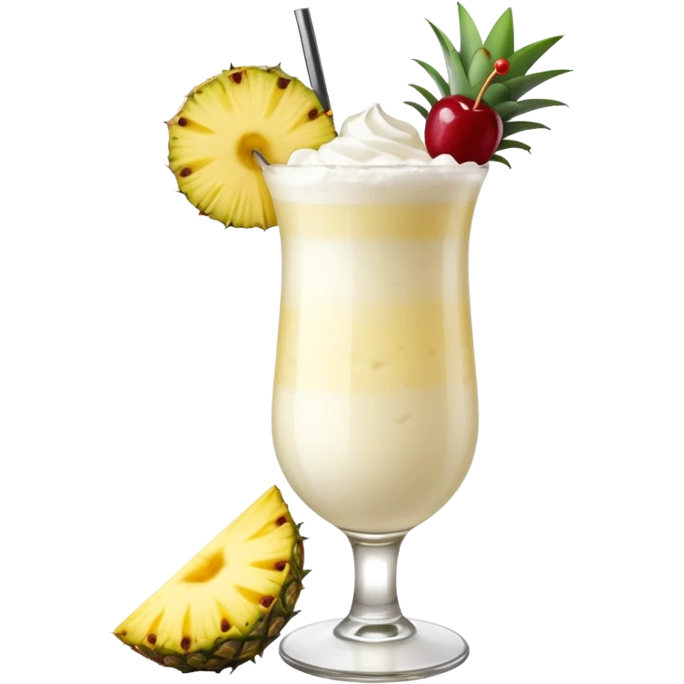 Pina colada mocktail with pineapple slices cherry garnishes and whipped cream  emoji