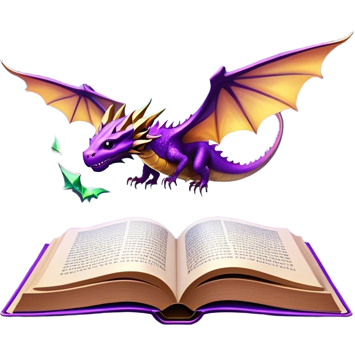 Icon for Fantasy and Sci-Fi Reading: an open book with magical creatures like dragons and fairies flying out, with a futuristic spaceship in the sky and a wizard casting spells. The icon should represent the magic and adventure of fantasy and science fiction worlds. Transparent background. emoji