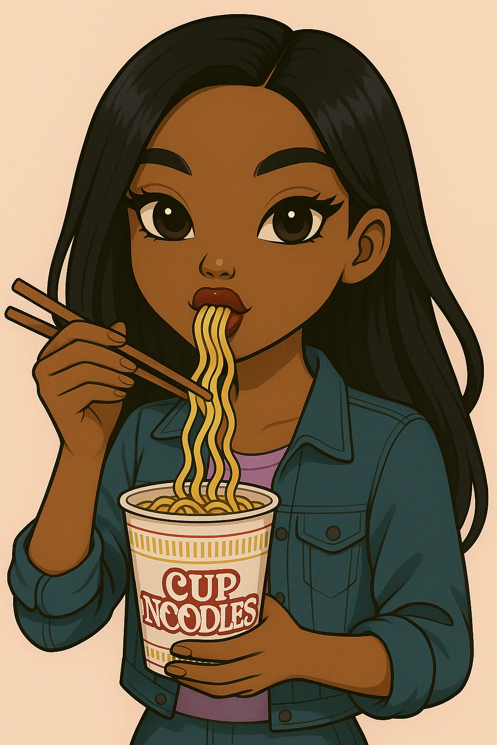Remove any winking, keep both eyes open, eating a cup of noodles with chopsticks, headshot only, 20-year-old anime Bratz style woman with dark skin, straight hair, trendy outfit, big expressive eyes, glossy lips, no hat, no tears, happy expression, looking straight ahead. Maintain the anime Bratz style and the described features. emoji