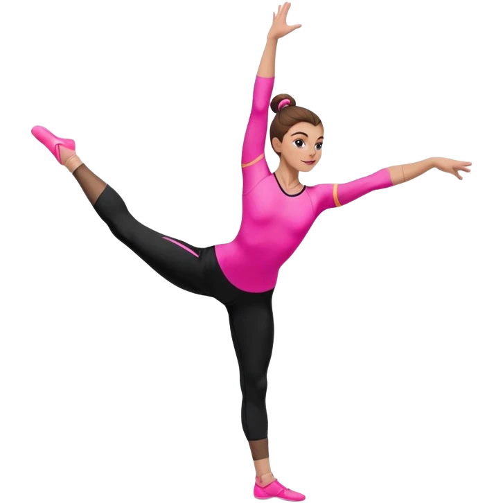 A female gymnast with brown hair in a neat bun, wearing black leggings and a T-shirt with neon pink elements, performing an acrobatic move. emoji