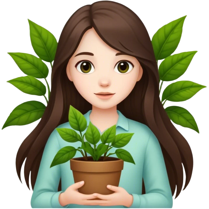 beautiful pale brunette girl with long hair holding plants  emoji