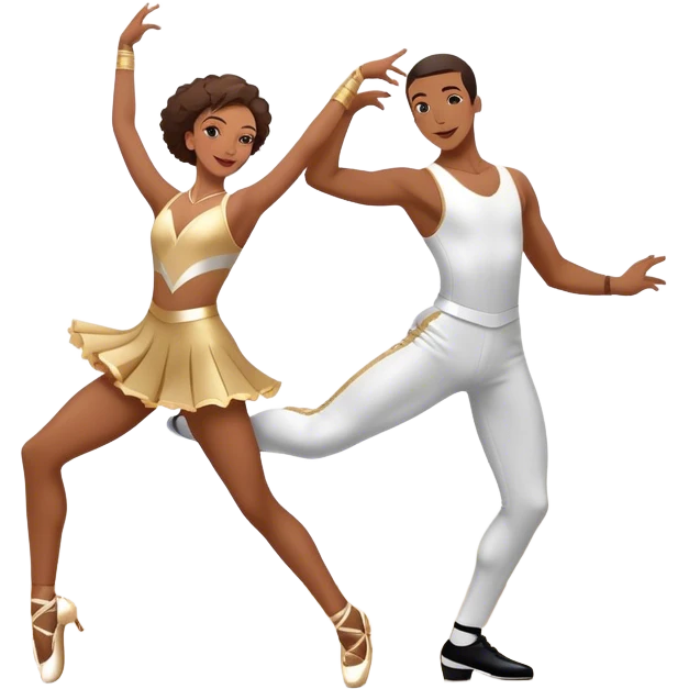 Icon for Sports Dance: a couple performing an energetic and synchronized dance, dressed in competitive dance attire, dance shoes, a rhythmically placed dance floor, and a competition backdrop. The icon should capture the athleticism, technique, and precision of sports dance. Transparent background. emoji