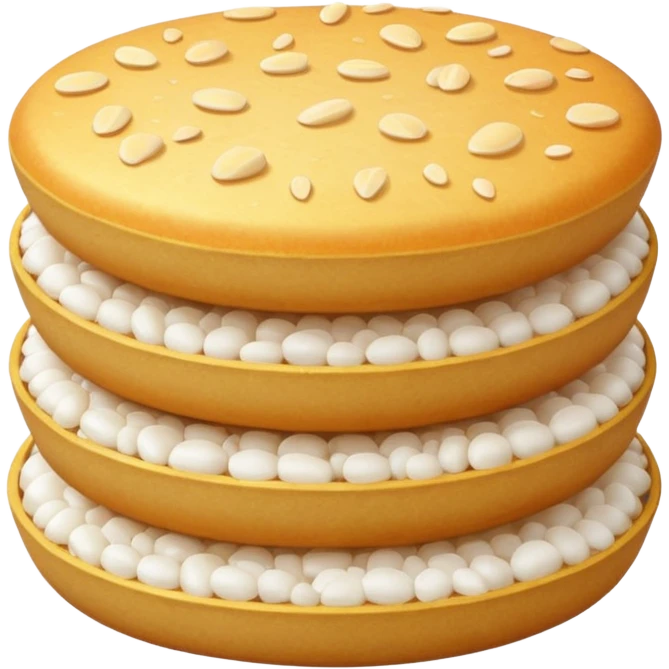 round airy rice cake with lightly puffed bubbled texture, pale off-white color, slightly uneven surface with hints of toasted golden grains, small stack or single crisp, light crunchy appearance, soft lighting, subtle shadows, emoji scale emoji