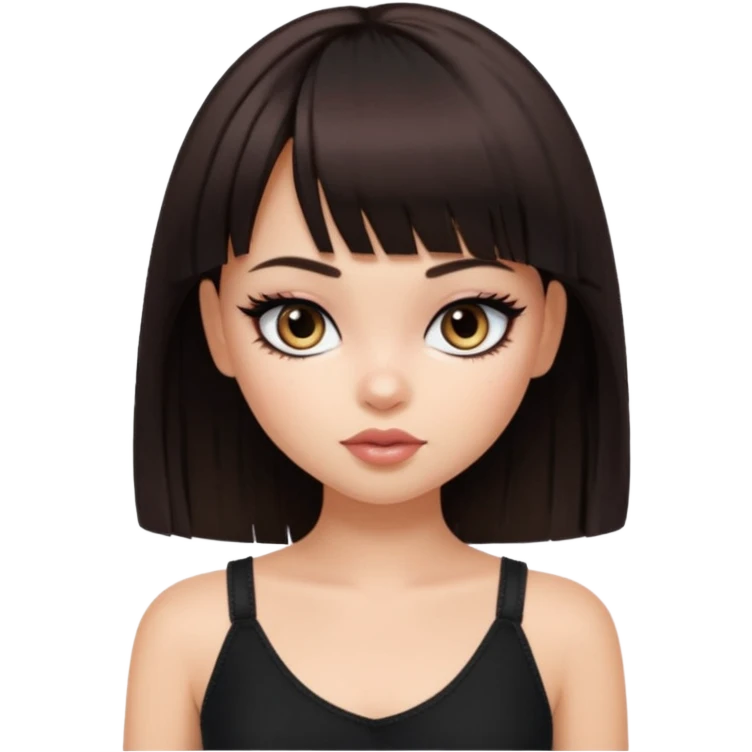 generate a pretty bratz girl in black cami top, dark brown straight bob hair with bangs, eyeliner on, emoji
