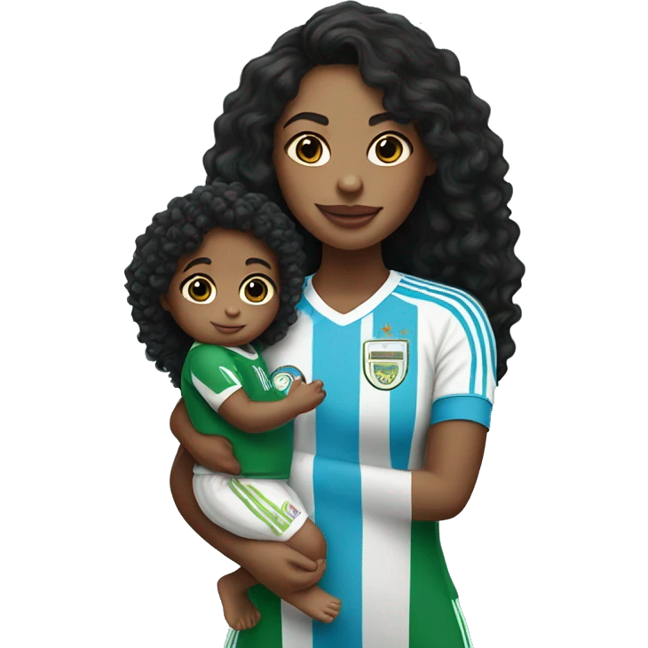 Girl with long black curly hair wearing a half Argentina half Nigerian jersey holding a baby  emoji