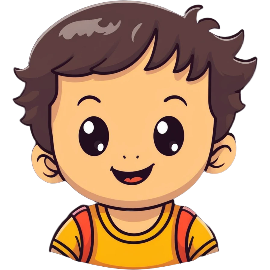 happy smiling toddler face with big eyes, medium skin tone, and dark wavy hair emoji