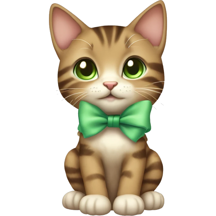 extremely cute kawaii brown tabby girl kitten with green eyes and pastel green bow full body emoji