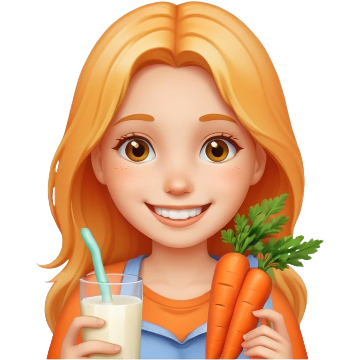 Girl smiling holding carrot milk on her face emoji