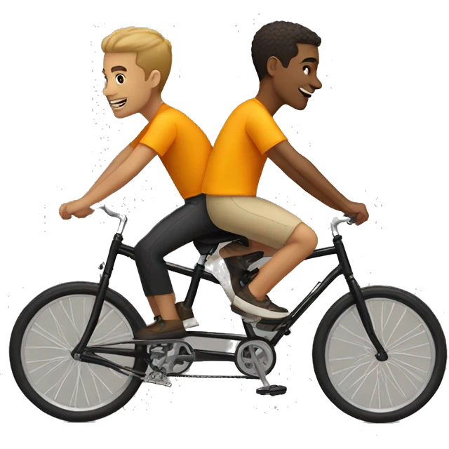 Two guys riding a tandem bike in yellow-orange shirts, one with light skin and light brown hair and one with tan skin and black hair emoji
