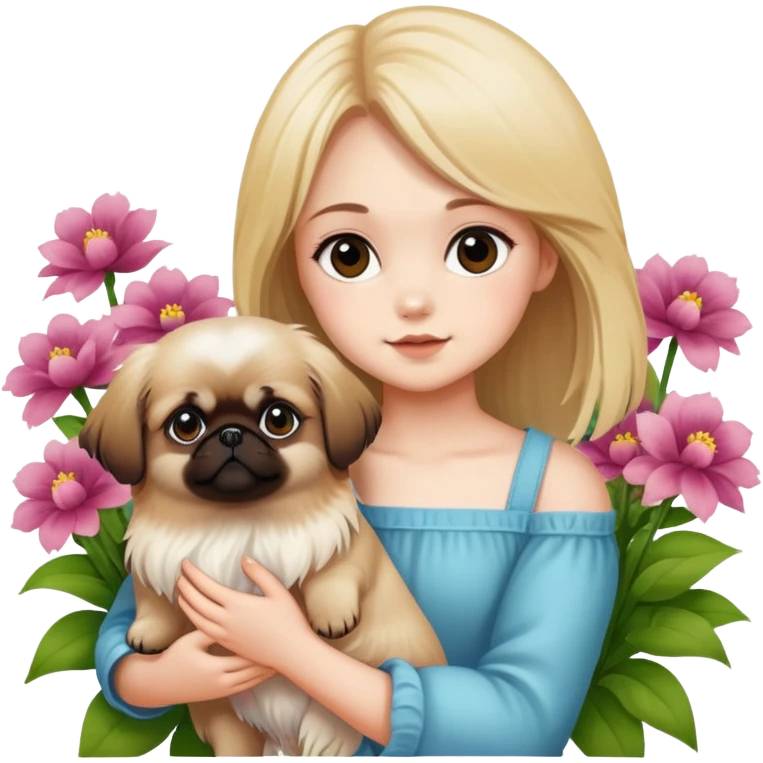 A girl is holding a Pekingese in the flowers emoji