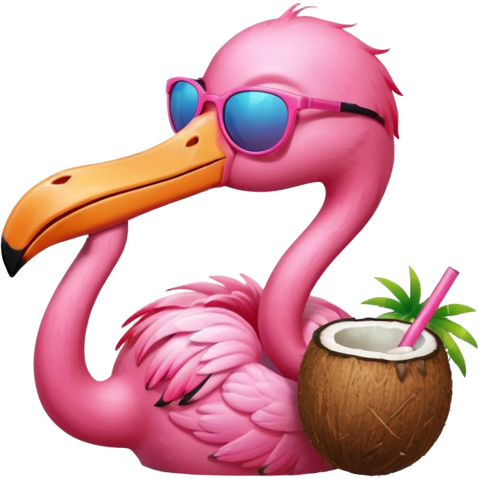 a flamingo with sunglasses and drinking a coconut, very beach summer vibes emoji