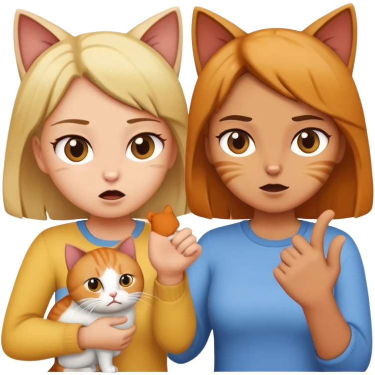 two girls arguing over holding one cat emoji