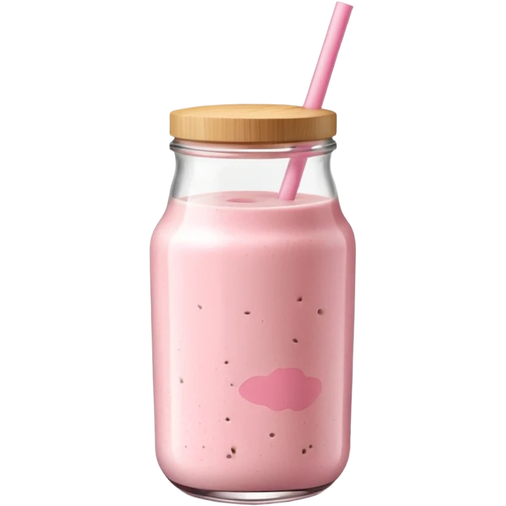Clear glass jar filled with pastel pink protein smoothie, bamboo straw, minimal  emoji