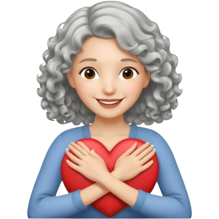 Silver hair, wavy/curly hair chin-length lady giving hug with 2 arms,  v-neck and smiling, add a heart emoji